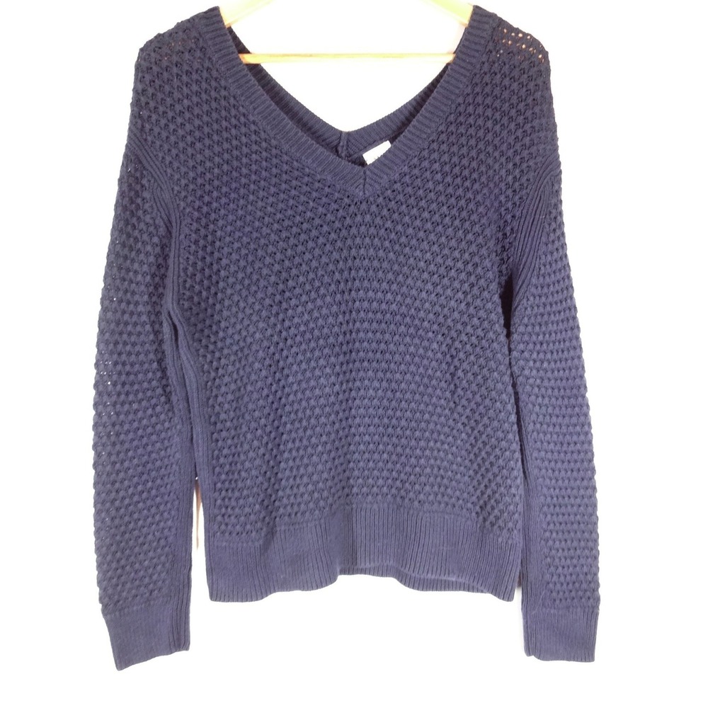 A New Day Sweater Womens L Navy Blue Popcorn Knit V-Neck Pullover Classic Soft